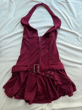 Burgundy Belted Mini Halter Dress